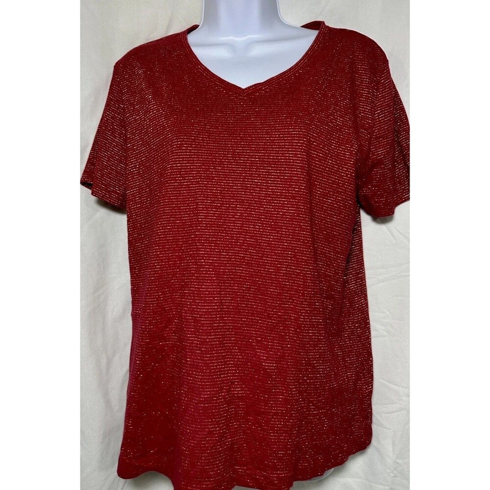 Laura Scott XL Red & Gold Metallic Sparkle Striped V-Neck T-Shirt Holiday Top